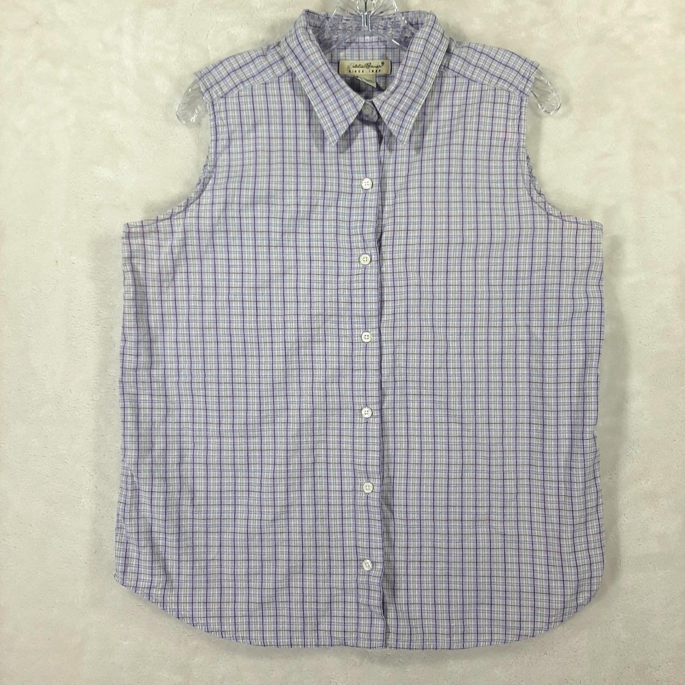 Eddie Bauer Womens Sleeveless Plaid Button Down Shirt Purple White Cotton Large
